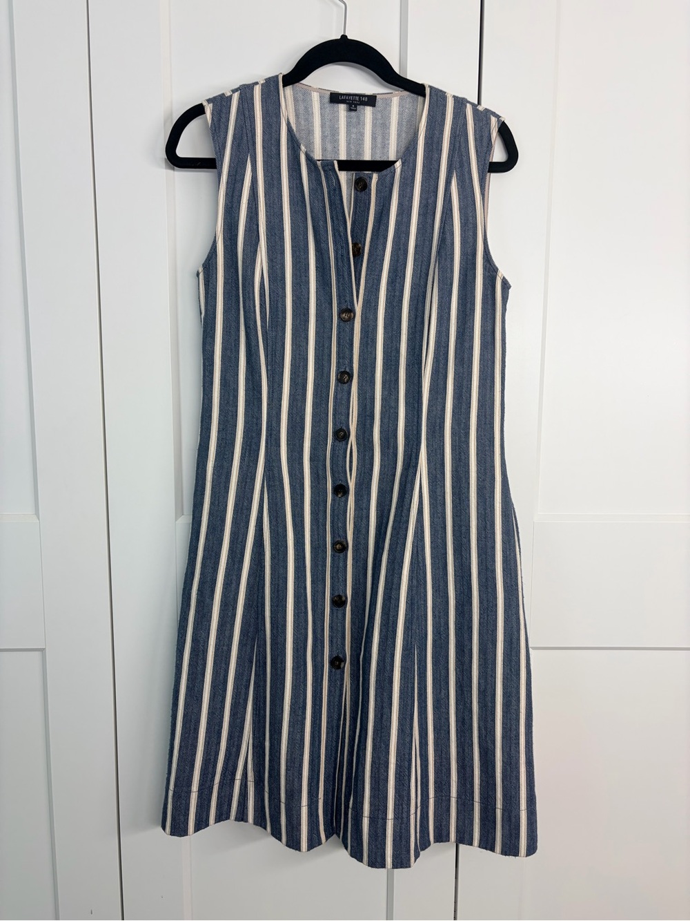 Lafayette 148 Button-Front Blue and White Striped Sleeveless Dress | 6